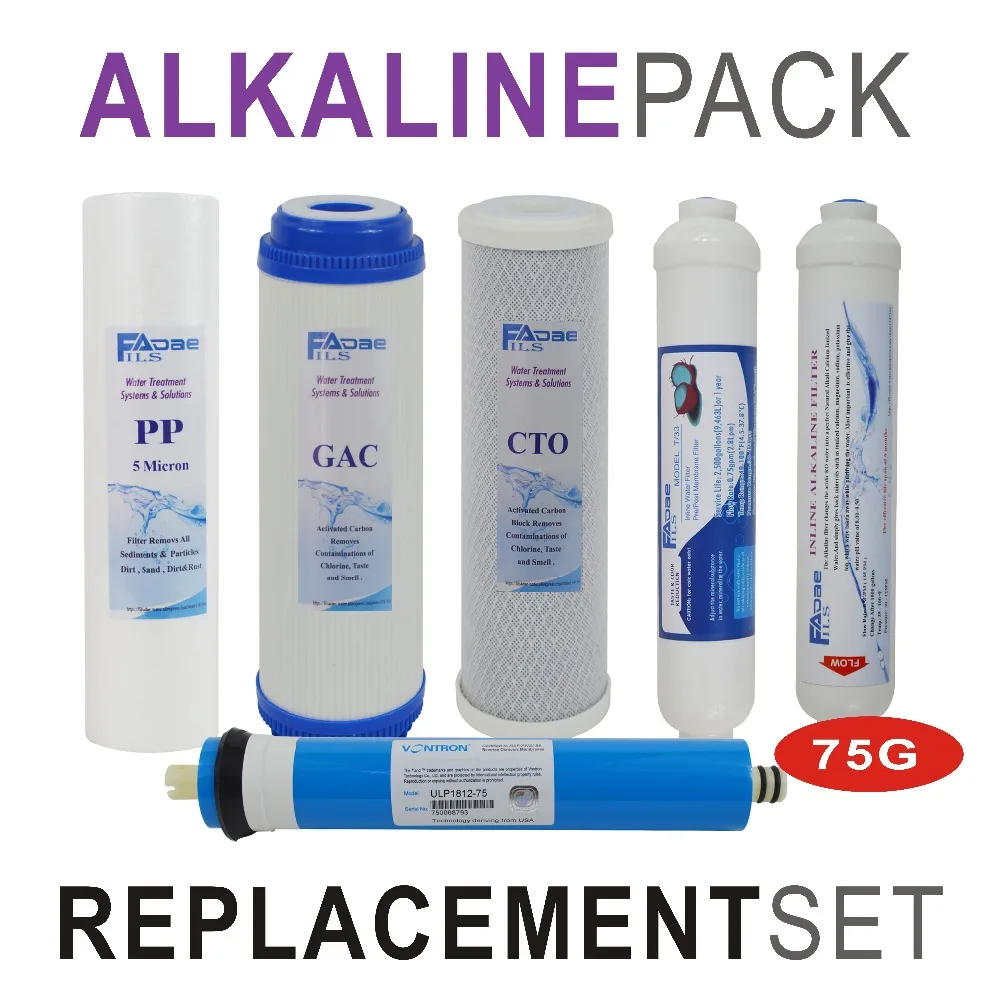 

Alkaline Reverse Osmosis System Replacement Filter Set - 6 Filters with 75 GPD RO Membrane Elements - Pack of 6