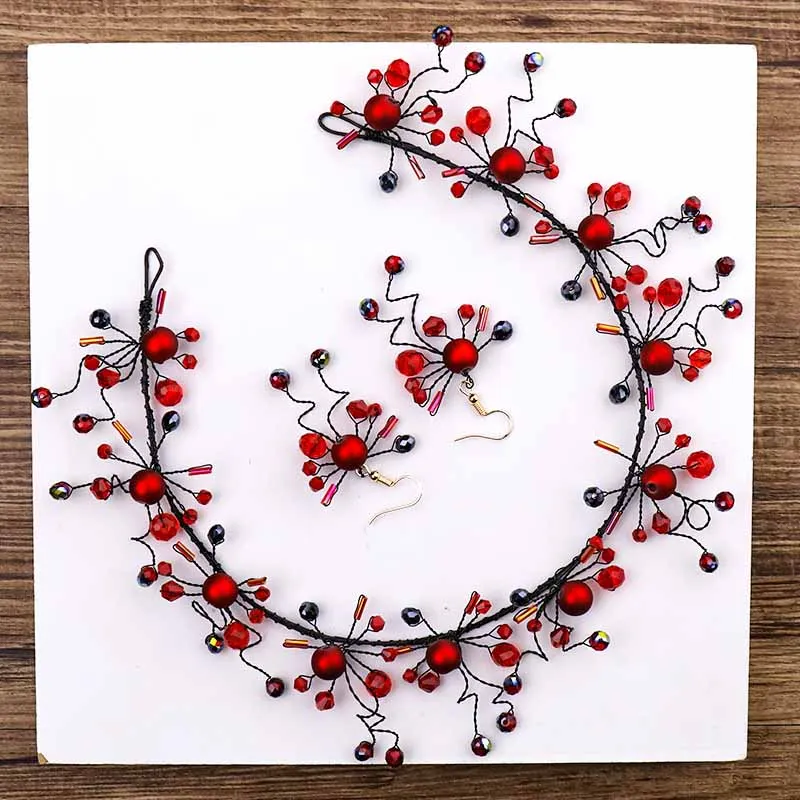 

Chinese Red Pearl Crystal Bride Tiaras Wedding Hair Accessories Bridal Headband Earrings Set Headdress Jewelry For Women JL