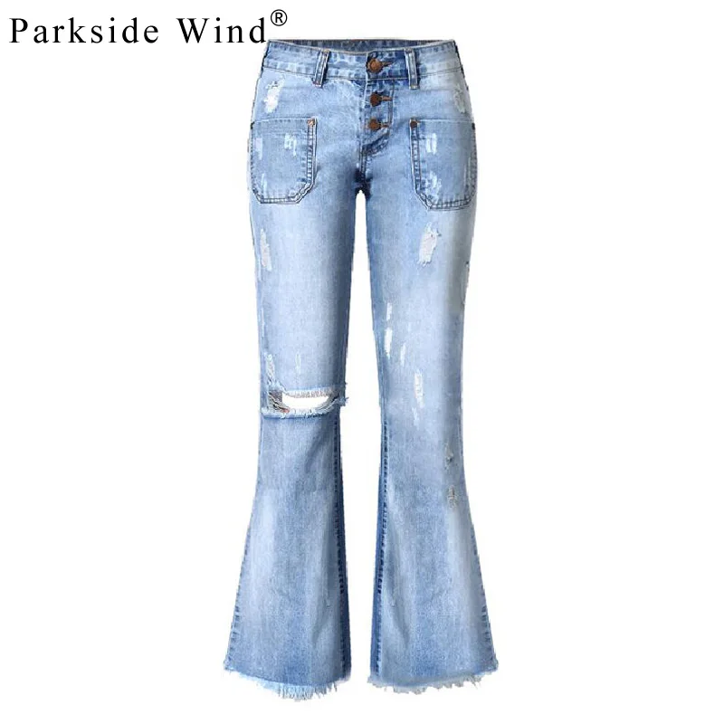 PARKSIDE WIND Tassel Hole Ripped Flare Jeans Women Long Bell Bottoms ...