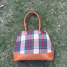 Wholesale Blanks DOMIL Plaid Canvas Tote Bag PU Vegan Leather Handle Women Handbag Patchwork Sanded Tartan