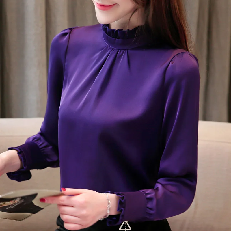 QoerliN 2XL атласная блузка элегантная женская с длинным рукавом оборками стоячим