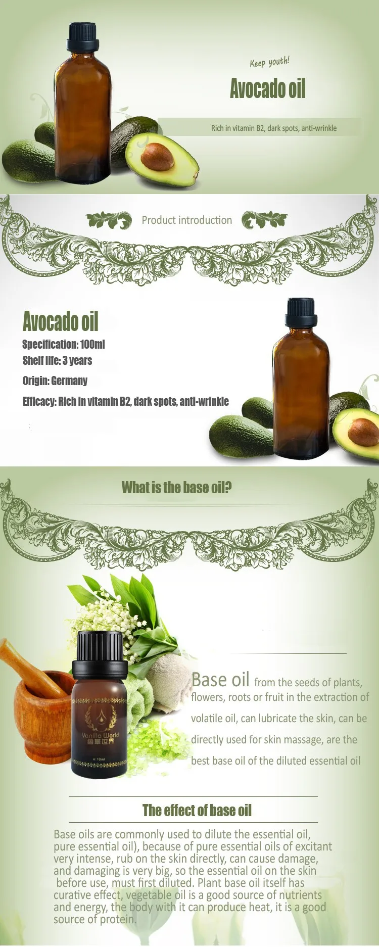 100% чистый завод органическое масло авокадо холодного отжима массажные масла питательный против морщин Очищение растительное масло
