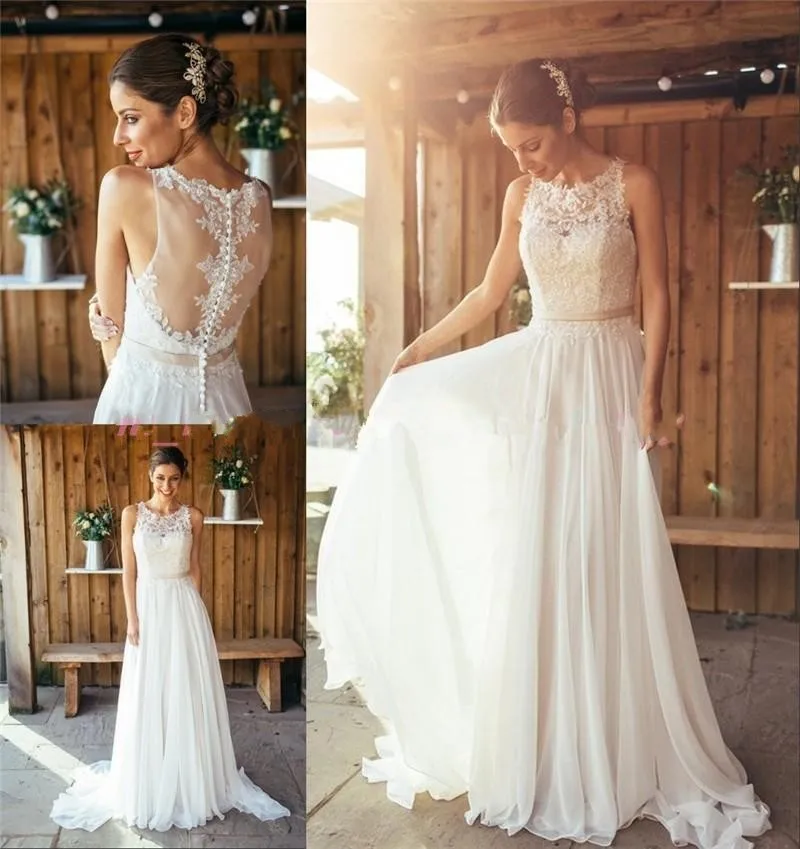 2017 Summer Boho Wedding Dress A Line Crew Plus Size Long Chiffon