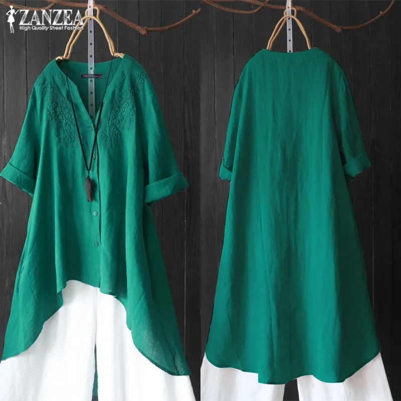 Autumn Embroidery Tops Women's Asymmetrical Blouse ZANZEA Vintage 3/4 Sleeve Shirts Female Button Solid Blusas Casual Tunic