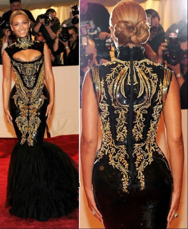 Hot Sexy Beyonce MET Gala Черный И Золотой Вышивкой Бисером Высокая Шея Русалка Знаменитости Платья Вечерние Платья Пром Платья