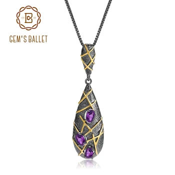 

GEM'S BALLET 925 Sterling Silver Handmade Staggered Lines Pendant Necklace 1.46Ct Natural Amethyst Water Drop Pendant for Women