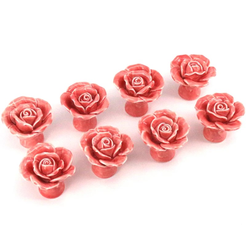 Pink Rose Ceramic Knobs Kitchen Drawer Pulls Handle Bathroom
