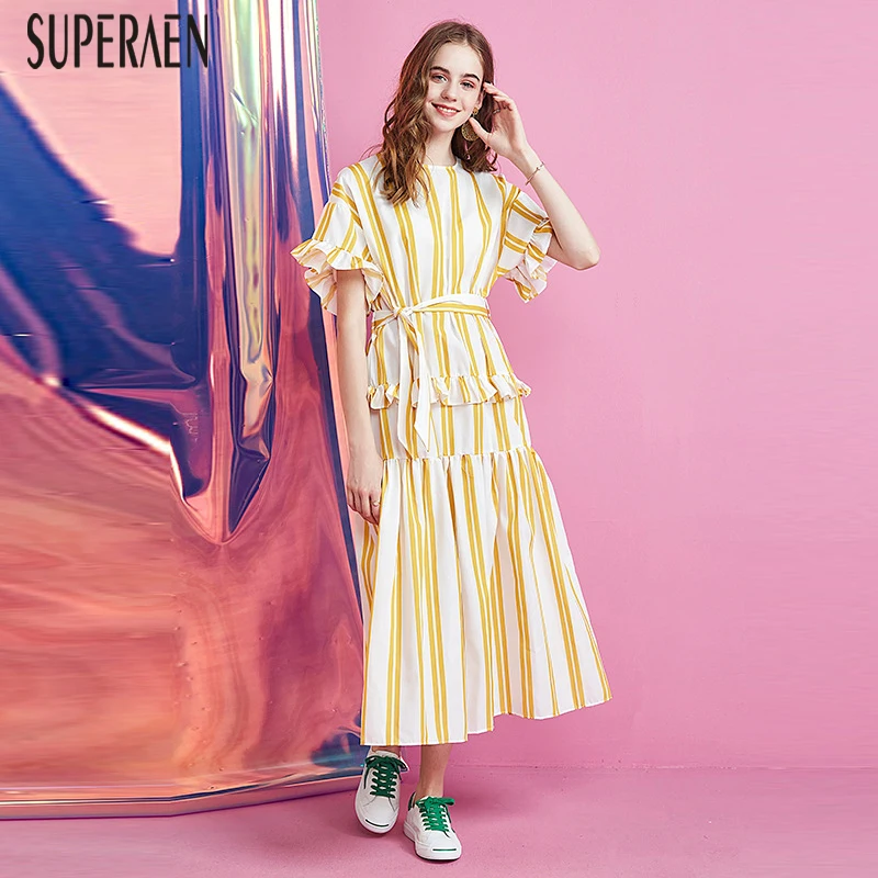 

SuperAen 2019 Spring and Summer New Women's Dress Cotton Casual Fashion Ladies Dress Round Neck Stripe Short-sleeved Dresses