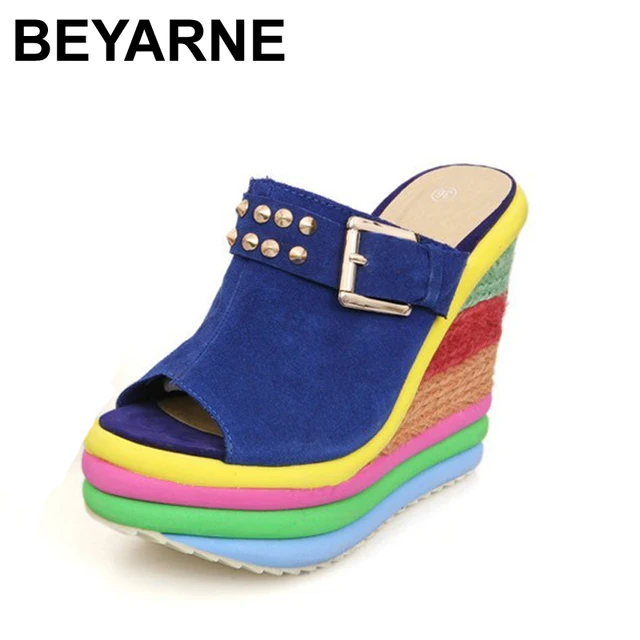BEYARNE Sandalias Plataforma Summer Shoes Woman Bohemia Rainbow High Heel Slip On Peep Toe Platform Wedges Sandals Womens