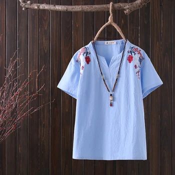 

Oversize Plus Size Cotton linen solid Embroidered T Shirt Women Short Sleeve Tshirt 2019 t-shirt Summer Top
