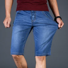 Pantalones vaqueros masculinos de algodón de alta calidad de estiramiento fino de marca de verano 2019 pantalones cortos hasta la rodilla azules suaves informales de talla grande 28-46