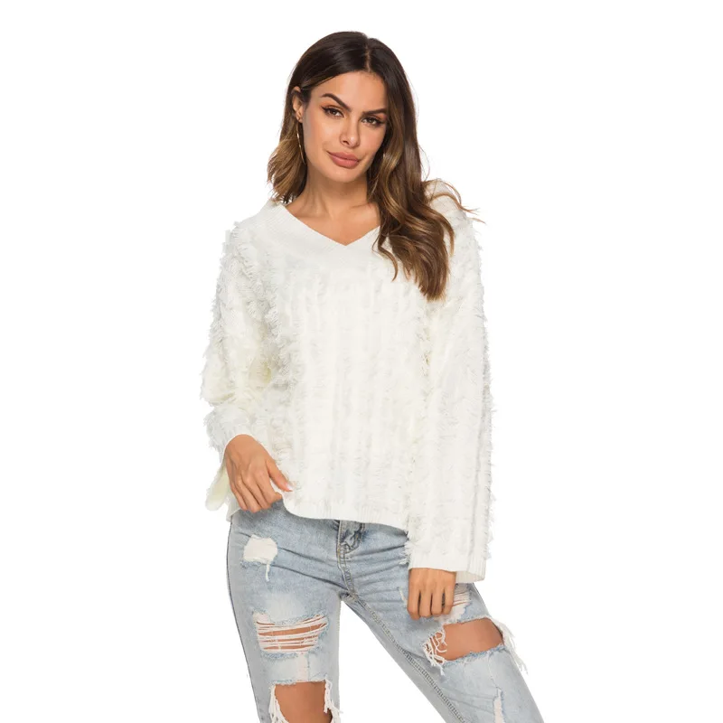 Tassel Pullover Sexy V-neck Knitted Sweater Women Female Autumn Winter New Fashion Long Sleeve Over Sized Sweater Knitwear Tops