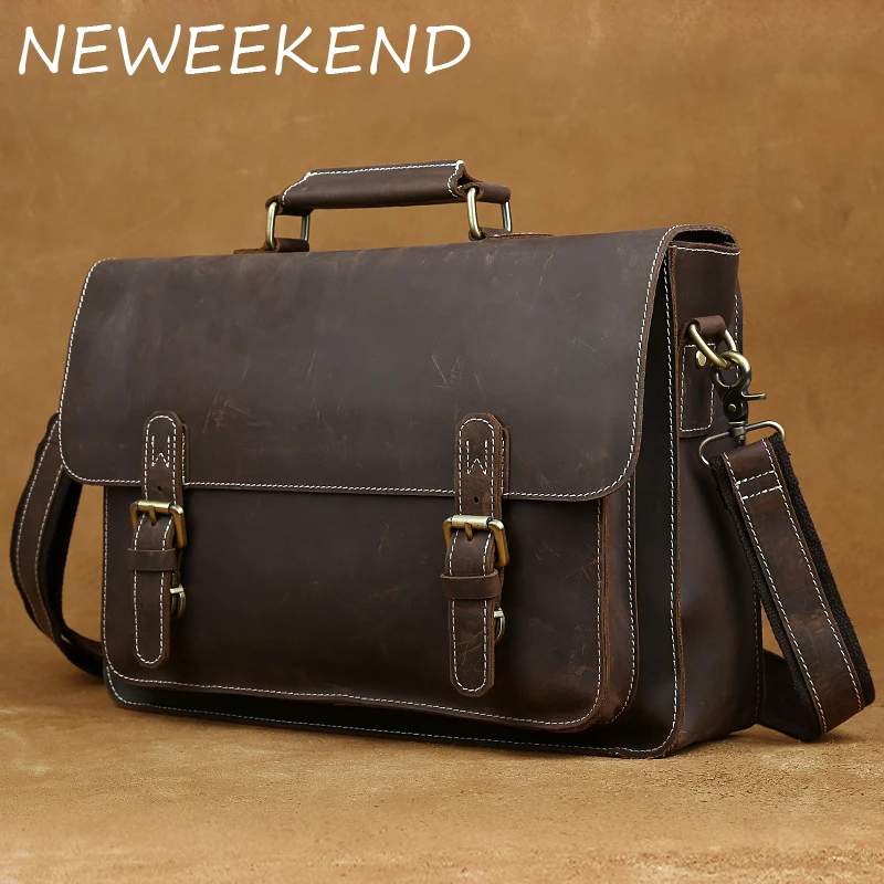 Briefcase Genuine Leather bag man Vintage Zipper Laptop iPad Phone Crossbody Shoulder Bag for Man Case Office Portfolio Handbag