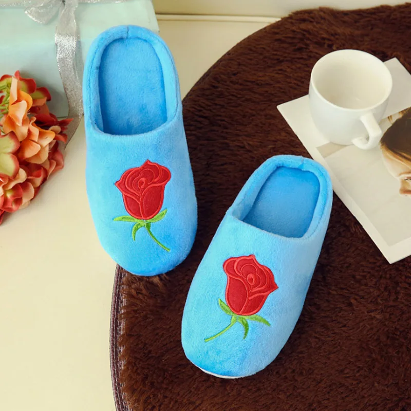 

Winter Soft Coral Velvet Slippers For Women Floor Indoor Slippers Quiet Fluffy Rose Flower Comfortable Indoor House Men Shoes
