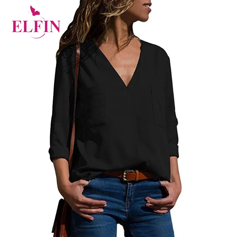

Chffion V Neck Blouses Long Sleeve Office Lady Blouse Pockets White Black 2018 Autumn Work Femininas Shirts Top WS9828R