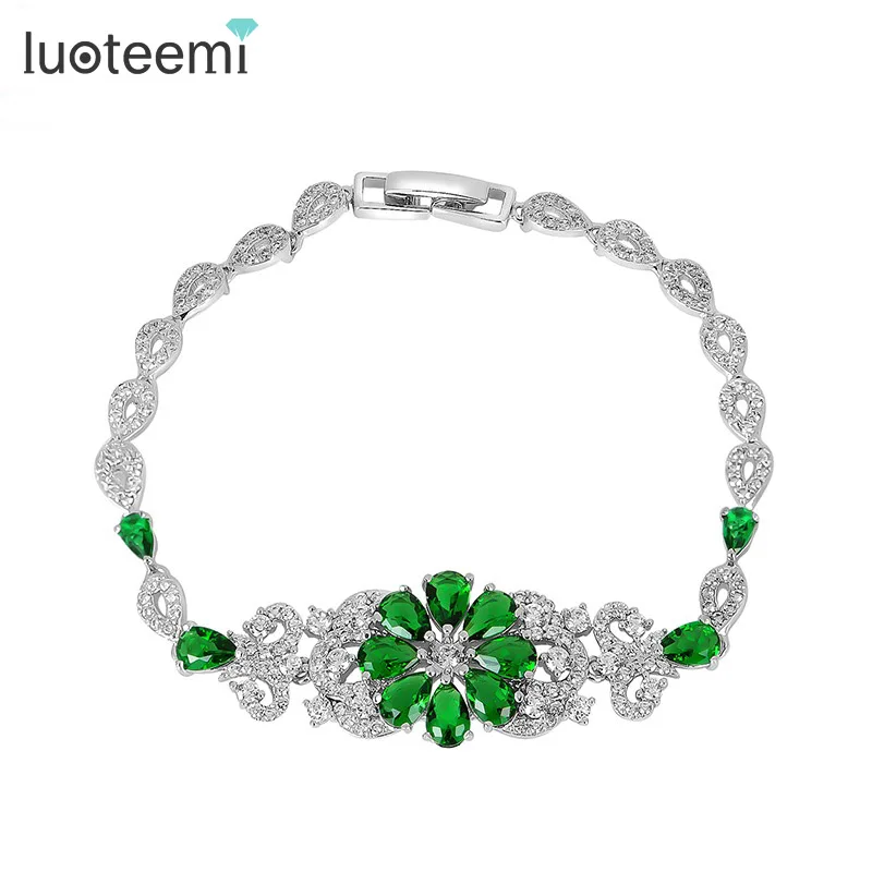 

LUOTEEMI New Fashion Luxury Shining Cubic Zircon White Gold-Color Flower Charm Bracelet Bangles for Women Wedding Jewelry