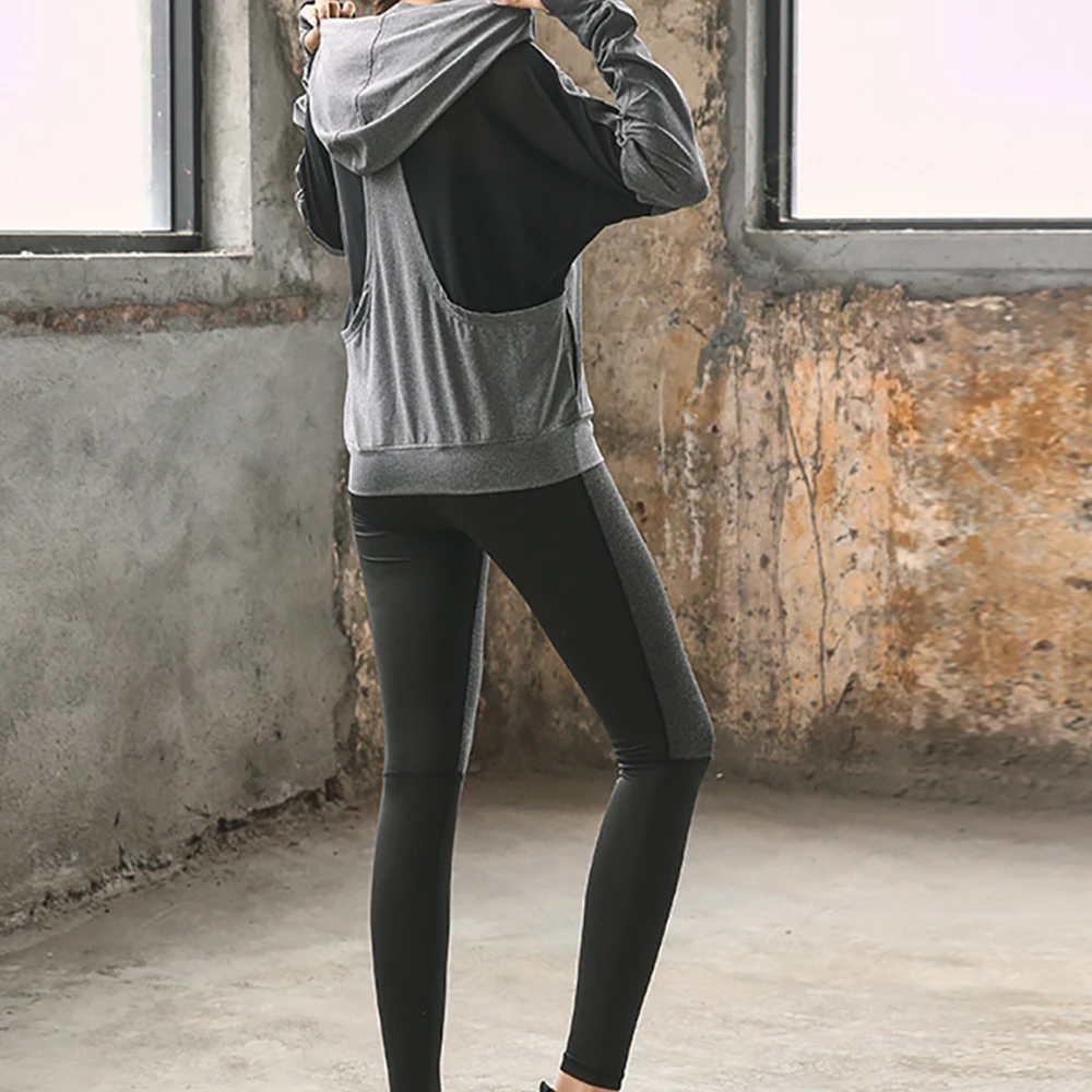

Yoga Suit Women 3 Pieces Solid Black&Grey Patchwork Plus Size Set Sportswear Sports Vest + Running Jacket +Yoga Leggings