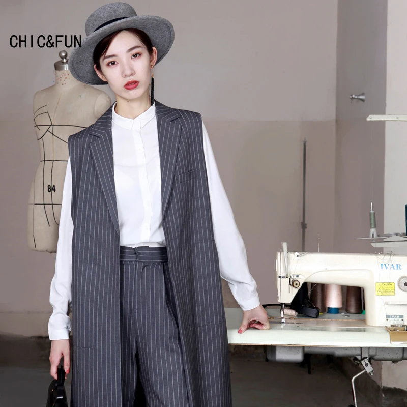 

CHIC&FUN High Quality Long Section Stripe Female Blazer Vest Spring and Autumn European Style Women Suit Vest Waistcoat