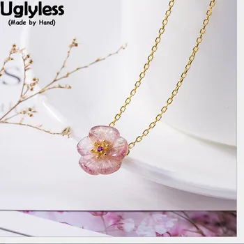 

Uglyless Real Solid 925 Sterling Silver Floral Necklaces for Women Strawberry Quartz Flower Pendants With Chains Gold Chokers