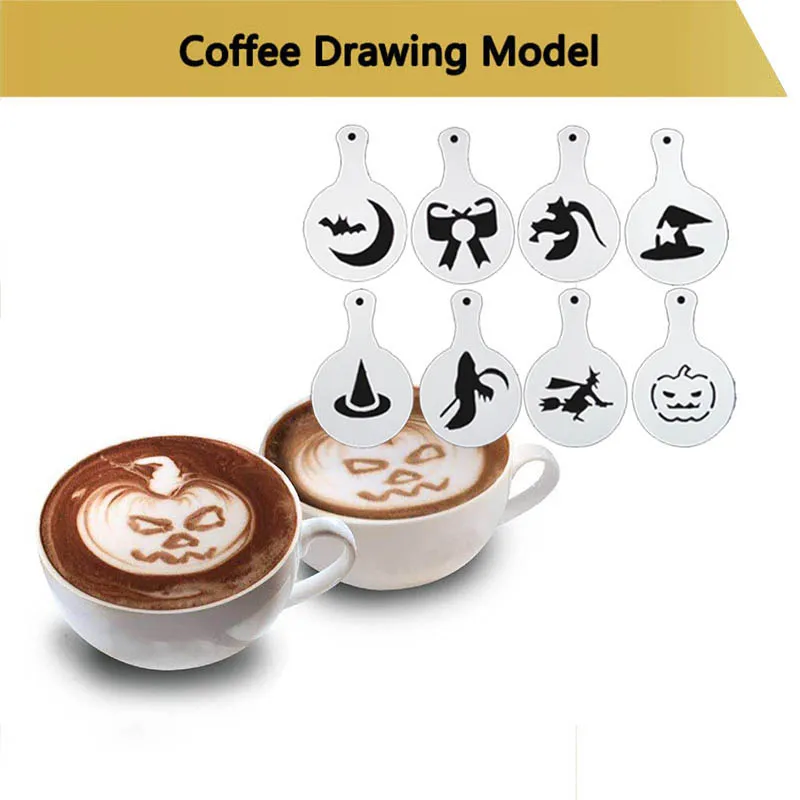 

8Pcs Halloween Decorations Cake Cafe Spray Template Barista Stencils Garland Mold Coffee Printing Flower Model for Halloween