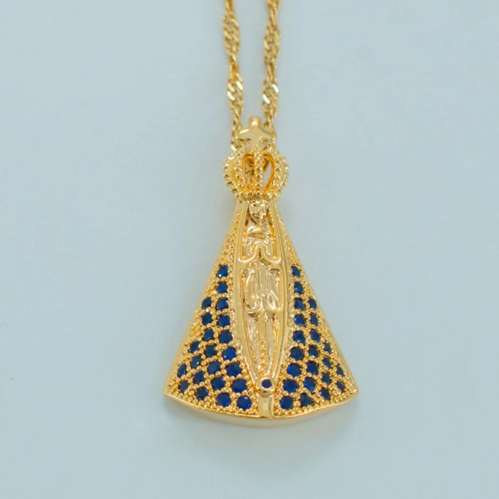 

Anniyo Basilica of Our Lady of Aparecida Pendant Necklaces Gold cOLOR Zirconia Virgin Mary Necklaces Catholicism Items #035704