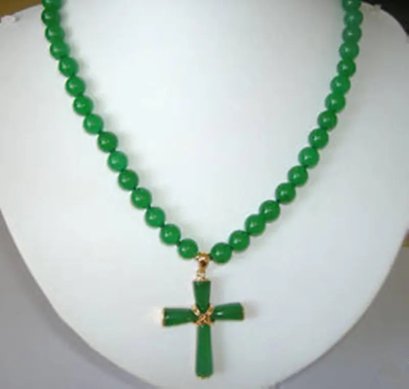 

FREE SHIPPINGNew Beautiful Natural 8Mm Beads Green Jade Cross Pendant Necklace 18