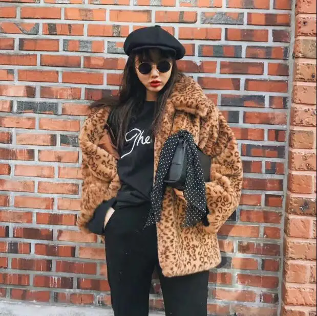Винтаж нагрудные Leopard волосатые лохматый Искусственный мех Блейзер Пальто 2018