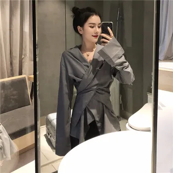 

Lychee Girls Deep V Neck Long Blouses Solid Color Long Sleeve Female Blouses Shirts Spring Autumn Office Lady Stye Blouses