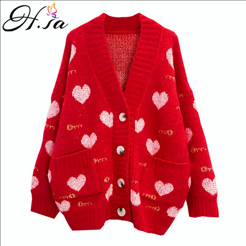 

H.SA 2019 Spring Women Sweater and Cardigans V neck Long Sleeve Loose Knit Jumpers Heart Harajuku Steetwear Korean Jacket Coat