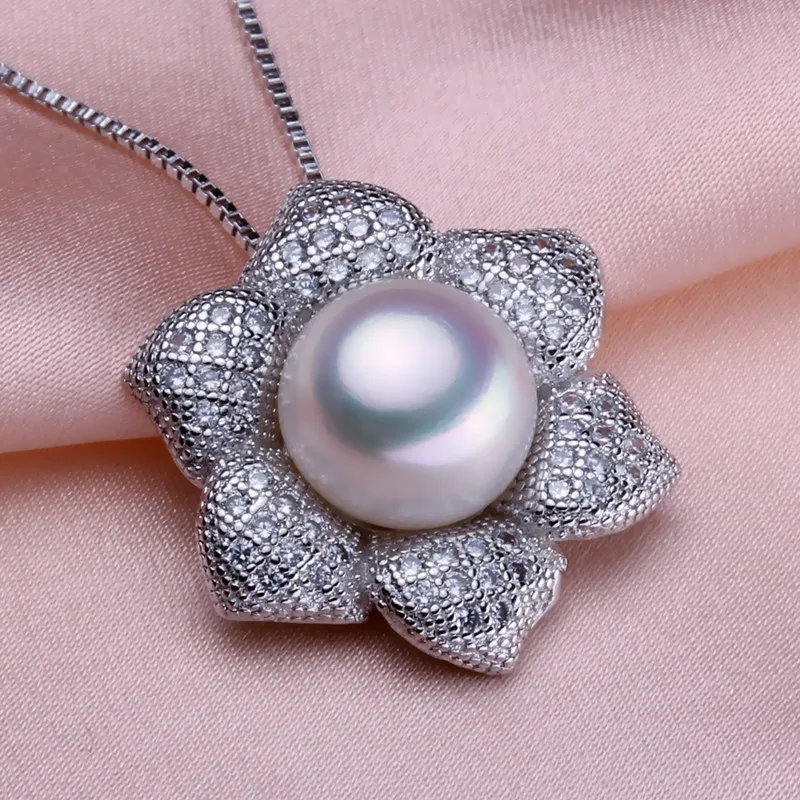 

RUNZHUQIYUAN 2017 100% natural freshwater pearl Pendant charm necklace 925 sterling silver jewelry zircon flower for women gift