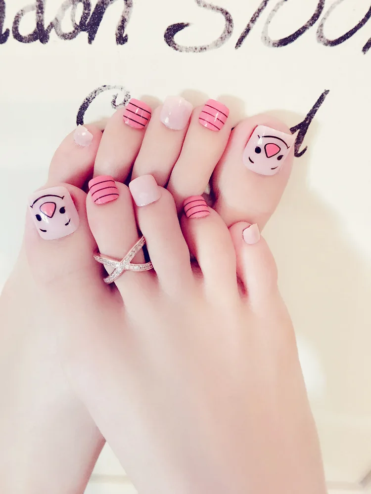 Высококачественные накладные узоры для ногтей летние полосатые ногти 24 шт./компл. квадратная голова розовые ногти для ног милые смайлики поддельные ногти для ног
