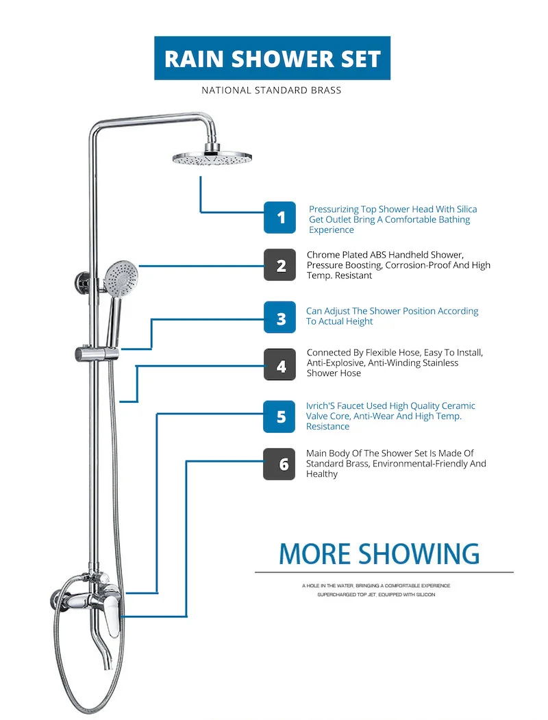 Ivrich Brass Chrome Plated Rain Shower Faucet Set Brass Bathing