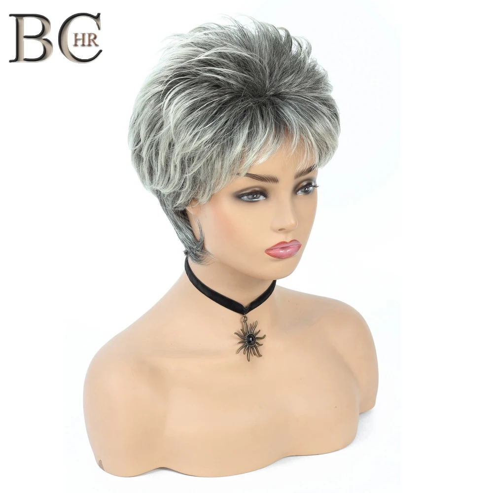 BCHR, короткий парик с эффектом омбре, серебристо-серый, синтетические парики для женщин, темные корни, волосы для ежедневного косплея, парики