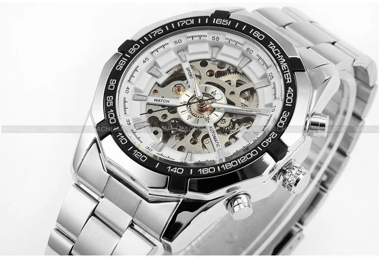 Победитель автоматические часы фирменные мужские классические нержавеющая сталь самовзводные Скелет механические часы Мода крест наручные часы - Цвет: white