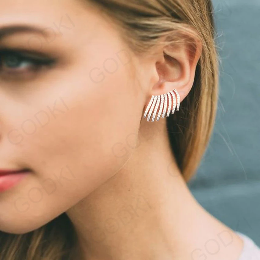 

GODKI 19mm Elegant Claws Full Cover For Earlobe Cubic Zircon Dubai Silver Stud Earrings For Women Wedding boucle d'oreille 2018