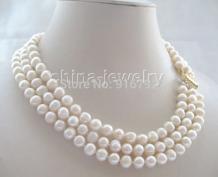 

Wholesale Beautiful 17-19" 3row 8-9mm cream flaw freshwater pearl necklace - GP clasp