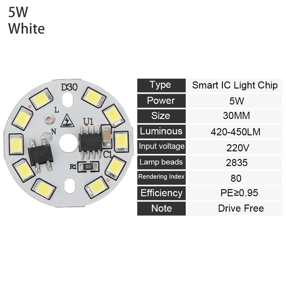 Светодиодный светильник SMD 15 Вт, 12 Вт, 9 Вт, 7 Вт, 5 Вт, 3 Вт, светодиодный светильник с чипом ac220в, интеллектуальный IC светодиодный светильник для лампы белого цвета - Испускаемый цвет: 5W