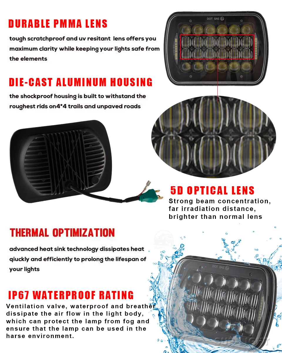 SUP-светильник 5x" автомобильный налобный фонарь с DRL 5x7 дюймов 6x7" Высокий Низкий Луч Квадратный светодиодный светильник на голову для Jeep truck светодиодный 72 Вт черный
