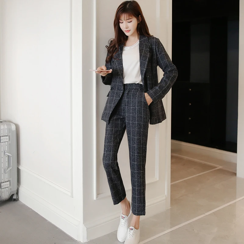 CBAFU women's classic pants suits fashion plaid turn down collar suit coat jacket female office ladies work 2 piece sets D177