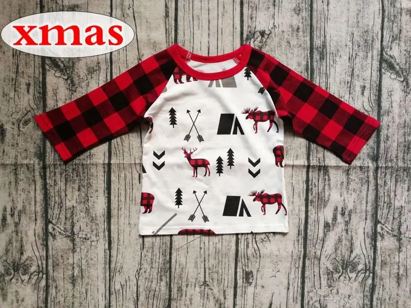

Kids Xmas ELK Print Shirt Children Red black grid tops Baby Icing Raglan long sleeve T-shirts for 1-7T
