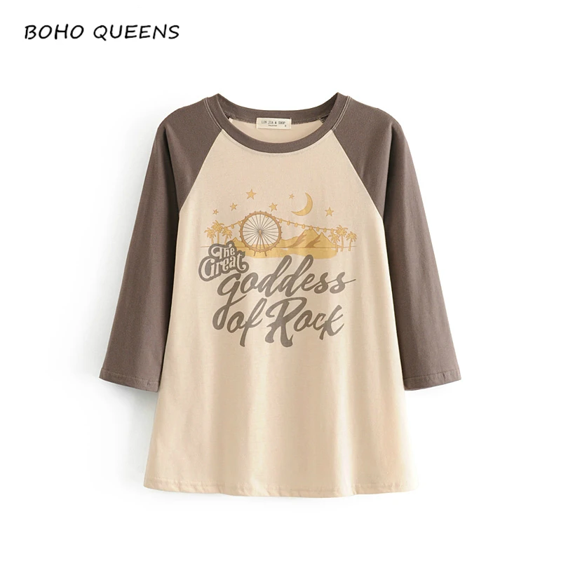 

Boho chic Women star and moon printed tops t-shirt ladies three quarter sleeve patchwork color cotton couple t-shirts