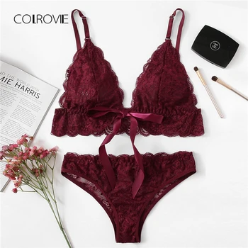 

COLROVIE Burgundy Scalloped Trim Lace Lingerie Set Women Bra And Brief Sets Wireless Transparent Sexy Underwear Bra Set