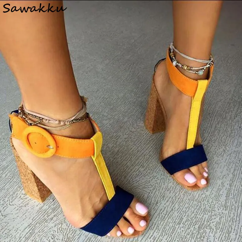 

ON SALE T-Strap Sandalias Mujer 2018 Block Heels Women Gladiator Sandals Thick Wood High Heel Pumps Multi-Color Summer Shoes