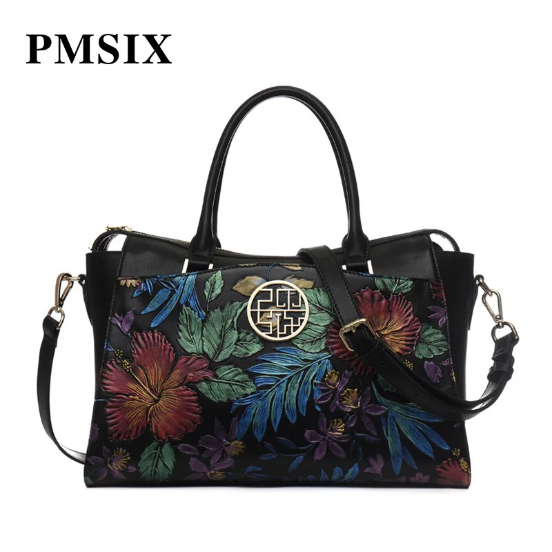 

PMSIX Ladies Handbags 2019 Embossed Floral Fashion Vintage Women Large Capacity Shoulder Bag Leather Female Handbag for Ladies