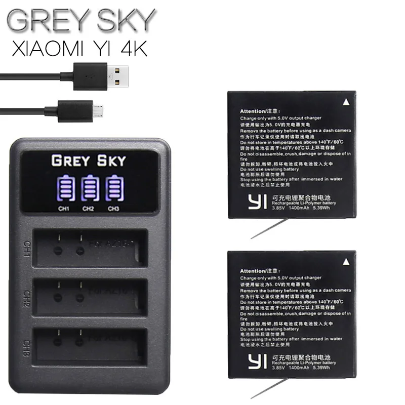 Аккумулятор yi 4k+ 3 комплекта зарядного устройства для оригинального xiaomi yi 2 xiaoyi 4k 4k plus, аксессуары для камеры черного цвета