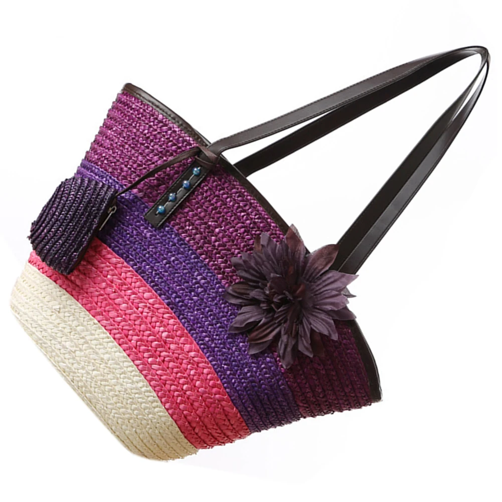 Вязаная соломенная сумка, летняя Цветочная богемная модная женская сумка, цветные полосатые сумки на плечо, пляжная сумка, большие сумки-тоут