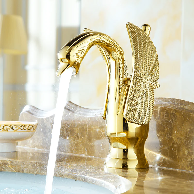 Online Goldene Schwan Wasserhahn Solide Messing Führenden Europäischen Wasserhahn Kupfer Einzigen Loch Waschbecken Gilt Shinny Gold Farbe Becken Wasserhahn A982