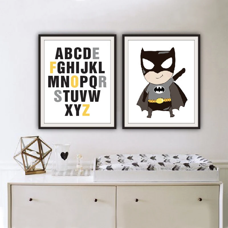 

Classic Super Hero Poster Alphabet ABC Canvas Painting Cartoon Nursery Art Prints Wall Picture for Kids Room Home Decor Frameles