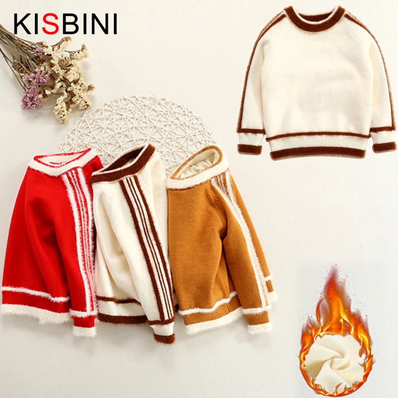 

KISBINI Girl Sweaters Winter Baby Girls Pullover Sweater Warm Thick Inmitation Velvet Lining Girl Glothes Infant Full Clothing