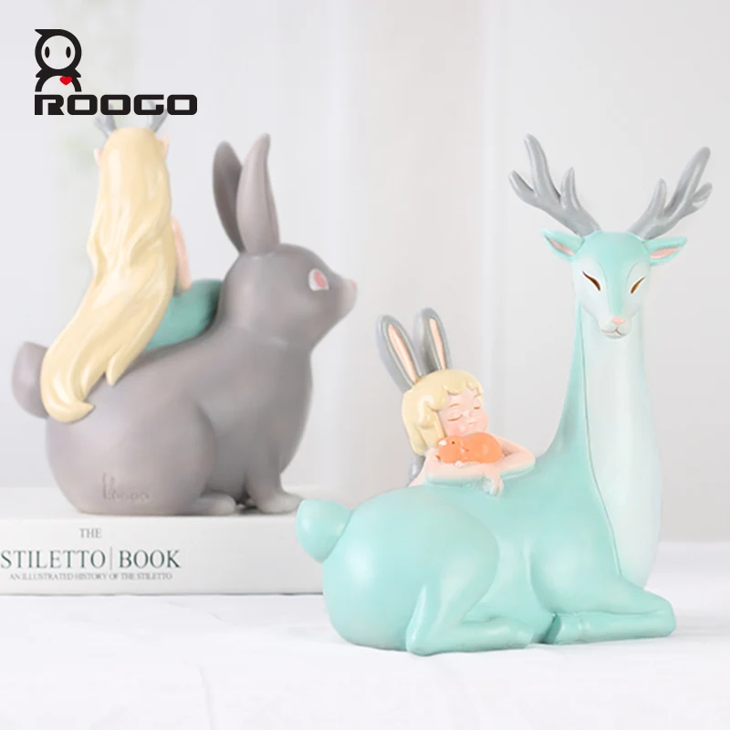  ROOGO resin cute animal figurines home decoration creative ornament deer and rabbit statue table ca - 32922669519